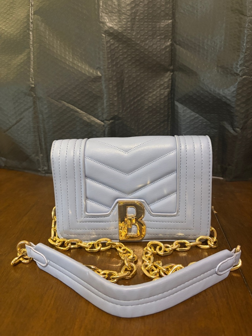bebe Light Blue Quilted Crossbody with Gold Chain